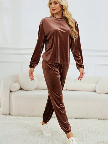 Casual & Versatile Solid Color Velvet Soft Touch Round Neck Long Sleeve & Pants Set For Women, Coffee Color Casual & Versatile Solid Color Velvet Soft Touch Round Neck Long Sleeve & Pants Set For Women, Coffee Color