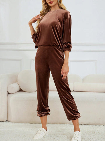 Casual & Versatile Solid Color Velvet Soft Touch Round Neck Long Sleeve & Pants Set For Women, Coffee Color Casual & Versatile Solid Color Velvet Soft Touch Round Neck Long Sleeve & Pants Set For Women, Coffee Color