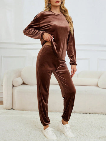Casual & Versatile Solid Color Velvet Soft Touch Round Neck Long Sleeve & Pants Set For Women, Coffee Color Casual & Versatile Solid Color Velvet Soft Touch Round Neck Long Sleeve & Pants Set For Women, Coffee Color