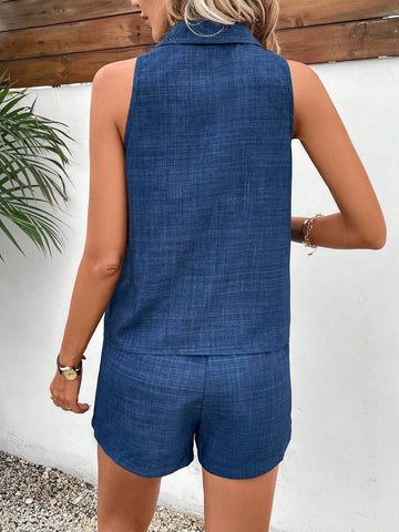 Ladies' Knot Hem Sleeveless Blouse And Shorts Set Ladies' Knot Hem Sleeveless Blouse And Shorts Set