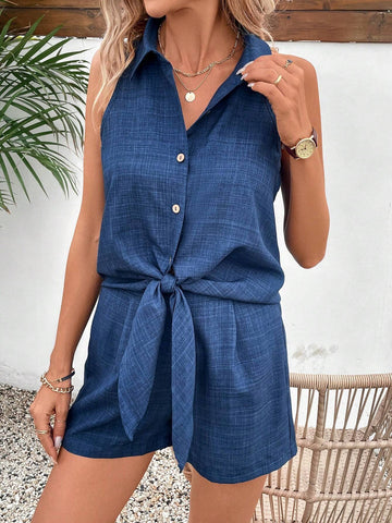 Ladies' Knot Hem Sleeveless Blouse And Shorts Set Ladies' Knot Hem Sleeveless Blouse And Shorts Set