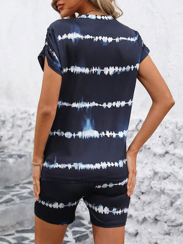 Ladies' Tie Dye Short Sleeve T-Shirt And Shorts Set With Round Neck Ladies' Tie Dye Short Sleeve T-Shirt And Shorts Set With Round Neck
