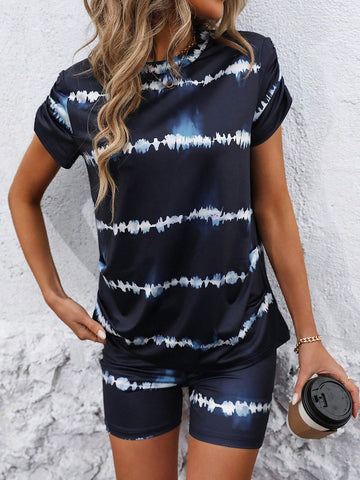 Ladies' Tie Dye Short Sleeve T-Shirt And Shorts Set With Round Neck Ladies' Tie Dye Short Sleeve T-Shirt And Shorts Set With Round Neck