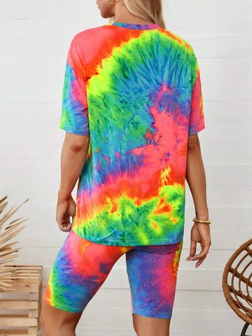 Leisure Women's Daily Tie Dye Round Neck Short Sleeve T-Shirt And Shorts Set Leisure Women's Daily Tie Dye Round Neck Short Sleeve T-Shirt And Shorts Set