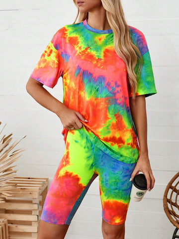 Leisure Women's Daily Tie Dye Round Neck Short Sleeve T-Shirt And Shorts Set Leisure Women's Daily Tie Dye Round Neck Short Sleeve T-Shirt And Shorts Set