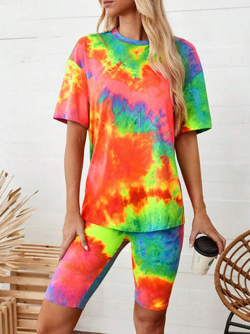 Leisure Women's Daily Tie Dye Round Neck Short Sleeve T-Shirt And Shorts Set Leisure Women's Daily Tie Dye Round Neck Short Sleeve T-Shirt And Shorts Set