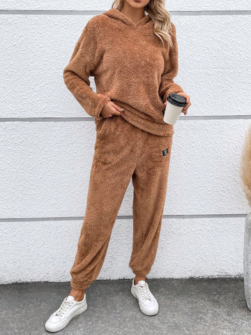 Letter Patched Drop Shoulder Teddy Hoodie & Pants Letter Patched Drop Shoulder Teddy Hoodie & Pants