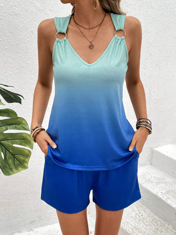 Loose Fit Casual Gradient Tank Top & Solid Color Shorts Set Loose Fit Casual Gradient Tank Top & Solid Color Shorts Set