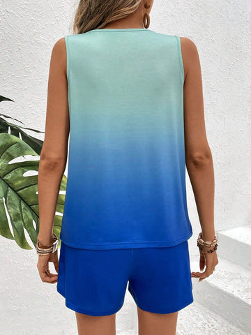 Loose Fit Casual Gradient Tank Top & Solid Color Shorts Set Loose Fit Casual Gradient Tank Top & Solid Color Shorts Set