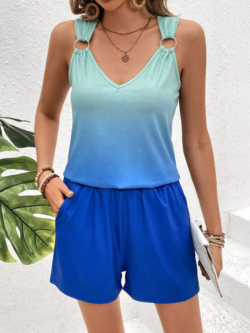 Loose Fit Casual Gradient Tank Top & Solid Color Shorts Set Loose Fit Casual Gradient Tank Top & Solid Color Shorts Set