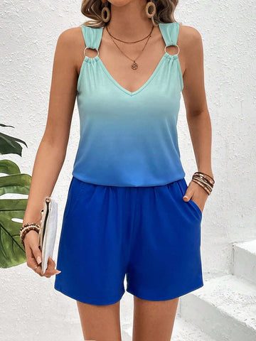 Loose Fit Casual Gradient Tank Top & Solid Color Shorts Set Loose Fit Casual Gradient Tank Top & Solid Color Shorts Set