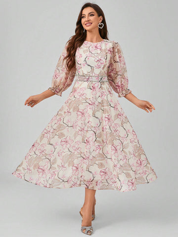Non-Positional Flower Round Neck Lantern Sleeve Dress With Floral Print, Waist Belt And Beaded Tie, Elegant And Graceful Maxi Formal Dress Non-Positional Flower Round Neck Lantern Sleeve Dress With Floral Print, Waist Belt And Beaded Tie, Elegant And Graceful Maxi Formal Dress