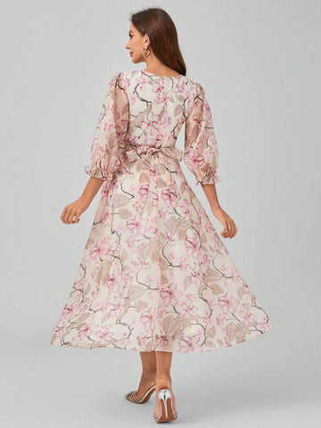 Non-Positional Flower Round Neck Lantern Sleeve Dress With Floral Print, Waist Belt And Beaded Tie, Elegant And Graceful Maxi Formal Dress Non-Positional Flower Round Neck Lantern Sleeve Dress With Floral Print, Waist Belt And Beaded Tie, Elegant And Graceful Maxi Formal Dress
