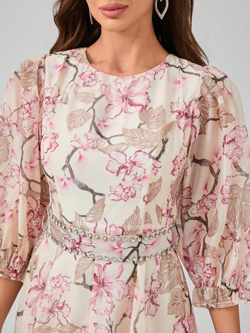 Non-Positional Flower Round Neck Lantern Sleeve Dress With Floral Print, Waist Belt And Beaded Tie, Elegant And Graceful Maxi Formal Dress Non-Positional Flower Round Neck Lantern Sleeve Dress With Floral Print, Waist Belt And Beaded Tie, Elegant And Graceful Maxi Formal Dress