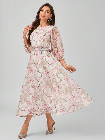 Non-Positional Flower Round Neck Lantern Sleeve Dress With Floral Print, Waist Belt And Beaded Tie, Elegant And Graceful Maxi Formal Dress Non-Positional Flower Round Neck Lantern Sleeve Dress With Floral Print, Waist Belt And Beaded Tie, Elegant And Graceful Maxi Formal Dress