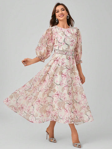 Non-Positional Flower Round Neck Lantern Sleeve Dress With Floral Print, Waist Belt And Beaded Tie, Elegant And Graceful Maxi Formal Dress Non-Positional Flower Round Neck Lantern Sleeve Dress With Floral Print, Waist Belt And Beaded Tie, Elegant And Graceful Maxi Formal Dress