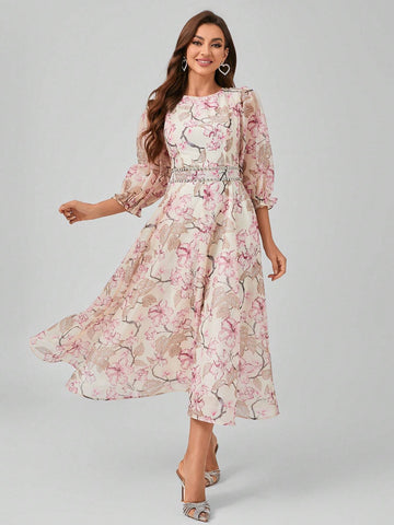 Non-Positional Flower Round Neck Lantern Sleeve Dress With Floral Print, Waist Belt And Beaded Tie, Elegant And Graceful Maxi Formal Dress Non-Positional Flower Round Neck Lantern Sleeve Dress With Floral Print, Waist Belt And Beaded Tie, Elegant And Graceful Maxi Formal Dress