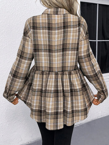 LUNE Retro Plaid Casual Shirt For Women, Featuring Turndown Collar, Button-Down Closure, Ruched Details, Flounce Hem, Elegant For Commuting And Outings In Autumn/Winter LUNE Retro Plaid Casual Shirt For Women, Featuring Turndown Collar, Button-Down Closure, Ruched Details, Flounce Hem, Elegant For Commuting And Outings In Autumn/Winter