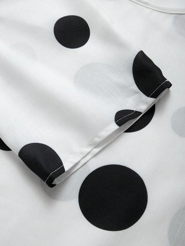 LUNE Round Neck Polka Dot Printed Short Front Long Back Summer Casual Shirt With Pocket LUNE Round Neck Polka Dot Printed Short Front Long Back Summer Casual Shirt With Pocket