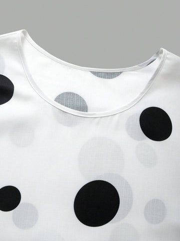 LUNE Round Neck Polka Dot Printed Short Front Long Back Summer Casual Shirt With Pocket LUNE Round Neck Polka Dot Printed Short Front Long Back Summer Casual Shirt With Pocket