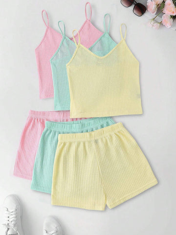 Solid Color Casual Cami Top And Elastic Waistband Shorts Set Solid Color Casual Cami Top And Elastic Waistband Shorts Set