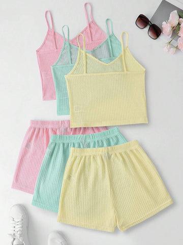 Solid Color Casual Cami Top And Elastic Waistband Shorts Set Solid Color Casual Cami Top And Elastic Waistband Shorts Set