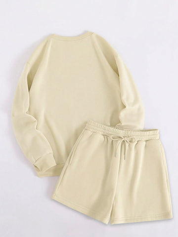 Solid Color Sweatshirt And Shorts Casual Basic 2pcs/Set Solid Color Sweatshirt And Shorts Casual Basic 2pcs/Set