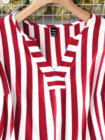 LUNE Summer V-Neck Tie-Up 3/4 Sleeve Casual Striped Vacation Shirt LUNE Summer V-Neck Tie-Up 3/4 Sleeve Casual Striped Vacation Shirt