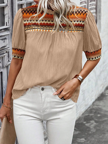 LUNE Vacation Casual Geometric Jacquard Puff Sleeve Blouse LUNE Vacation Casual Geometric Jacquard Puff Sleeve Blouse