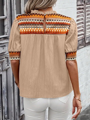 LUNE Vacation Casual Geometric Jacquard Puff Sleeve Blouse LUNE Vacation Casual Geometric Jacquard Puff Sleeve Blouse