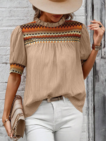 LUNE Vacation Casual Geometric Jacquard Puff Sleeve Blouse LUNE Vacation Casual Geometric Jacquard Puff Sleeve Blouse