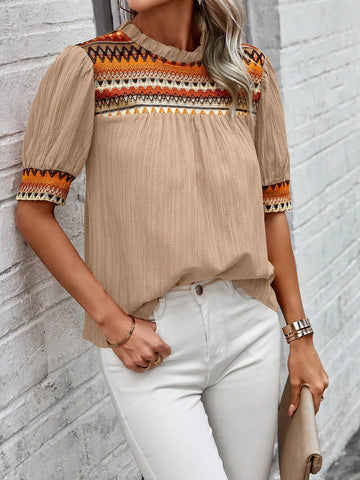 LUNE Vacation Casual Geometric Jacquard Puff Sleeve Blouse LUNE Vacation Casual Geometric Jacquard Puff Sleeve Blouse