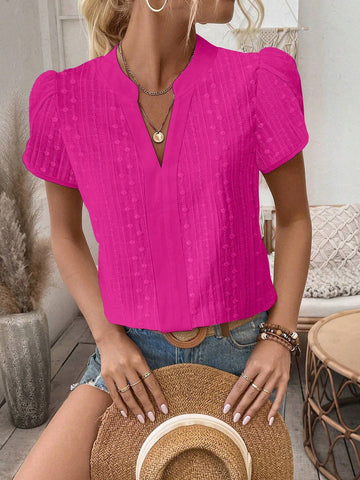 LUNE Vacation Casual Solid Color Texture Notched Neck Petal Sleeve Shirt LUNE Vacation Casual Solid Color Texture Notched Neck Petal Sleeve Shirt