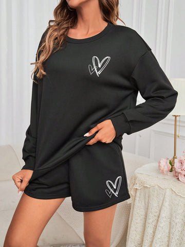 Women'S Heart Pattern Printed Long Sleeve Sweatshirt And Shorts Sets Women'S Heart Pattern Printed Long Sleeve Sweatshirt And Shorts Sets