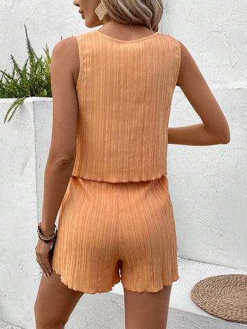 Women'S Round Neck Solid Color Vest And Shorts Set Women'S Round Neck Solid Color Vest And Shorts Set