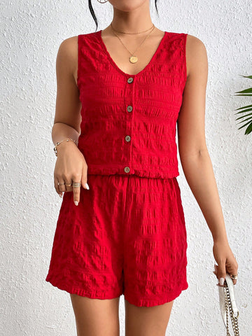 Women'S Single-Breasted Sleeveless Vest And Shorts Set Women'S Single-Breasted Sleeveless Vest And Shorts Set