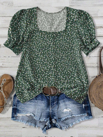 LUNE Women Casual Vacation Ditsy Floral Square Neck Puff Sleeve Blouse LUNE Women Casual Vacation Ditsy Floral Square Neck Puff Sleeve Blouse