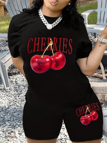 Women Fashionable Loose Cherry Printed Short Sleeve And Shorts Set Women Fashionable Loose Cherry Printed Short Sleeve And Shorts Set