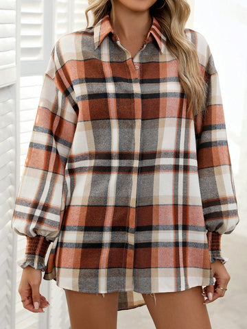 LUNE Women Front Button Long Sleeve Plaid Casual Blouse, Everyday Wear LUNE Women Front Button Long Sleeve Plaid Casual Blouse, Everyday Wear