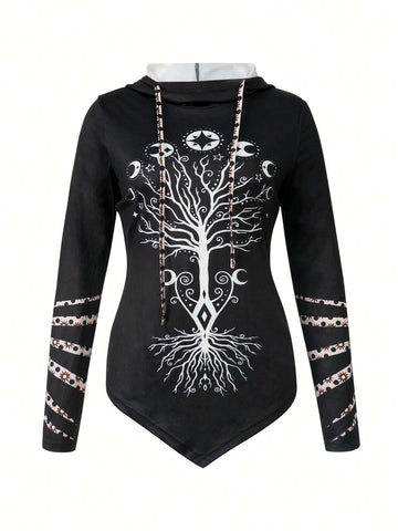 LUNE Women Life Tree Printed Irregular Hem Hooded Long Sleeve T-Shirt Spring Autumn LUNE Women Life Tree Printed Irregular Hem Hooded Long Sleeve T-Shirt Spring Autumn