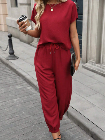 Women Solid Color Short Sleeve & Drawstring Jogger Pants 2-Piece Set Women Solid Color Short Sleeve & Drawstring Jogger Pants 2-Piece Set