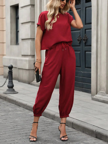 Women Solid Color Short Sleeve & Drawstring Jogger Pants 2-Piece Set Women Solid Color Short Sleeve & Drawstring Jogger Pants 2-Piece Set