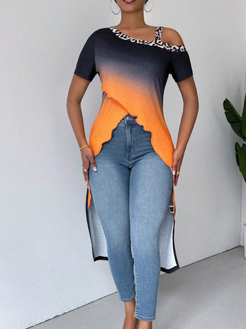 LUNE Women Summer Ombre Leopard Print Asymmetric Collar Short Sleeve Loose Casual T-Shirt LUNE Women Summer Ombre Leopard Print Asymmetric Collar Short Sleeve Loose Casual T-Shirt