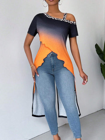 LUNE Women Summer Ombre Leopard Print Asymmetric Collar Short Sleeve Loose Casual T-Shirt LUNE Women Summer Ombre Leopard Print Asymmetric Collar Short Sleeve Loose Casual T-Shirt