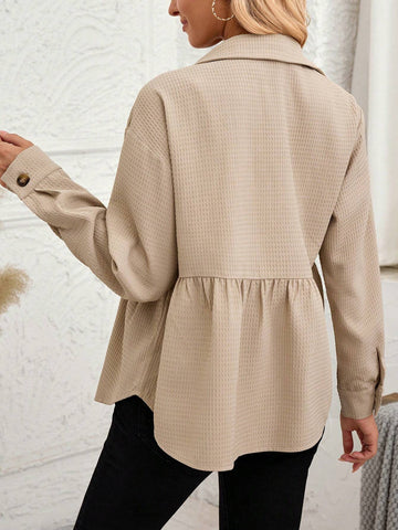 LUNE Women's Autumn Winter Shirt Collar Waffle Ruched Hem LUNE Women's Autumn Winter Shirt Collar Waffle Ruched Hem
