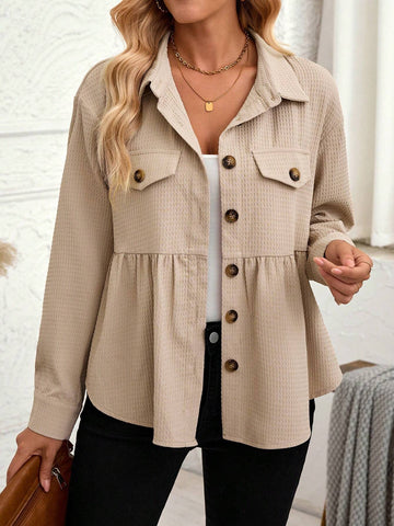 LUNE Women's Autumn Winter Shirt Collar Waffle Ruched Hem LUNE Women's Autumn Winter Shirt Collar Waffle Ruched Hem