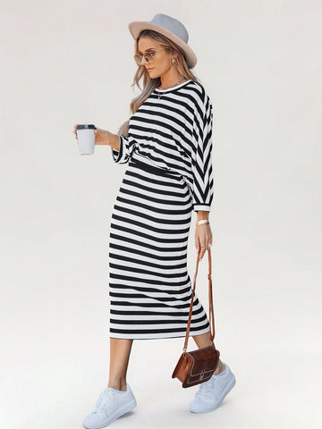 Women's Batwing Sleeve Loose T-Shirt + Women's Striped Fitted Skirt Women's Batwing Sleeve Loose T-Shirt + Women's Striped Fitted Skirt