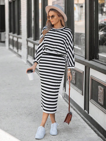 Women's Batwing Sleeve Loose T-Shirt + Women's Striped Fitted Skirt Women's Batwing Sleeve Loose T-Shirt + Women's Striped Fitted Skirt