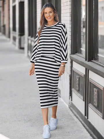 Women's Batwing Sleeve Loose T-Shirt + Women's Striped Fitted Skirt Women's Batwing Sleeve Loose T-Shirt + Women's Striped Fitted Skirt