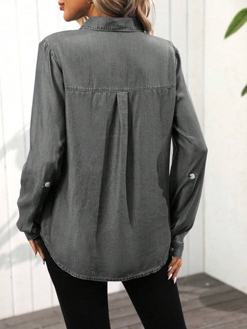 LUNE Women's Casual Button-Down Long Sleeve Shirt With Front Pocket, Suitable For Autumn Outdoor Wear LUNE Women's Casual Button-Down Long Sleeve Shirt With Front Pocket, Suitable For Autumn Outdoor Wear